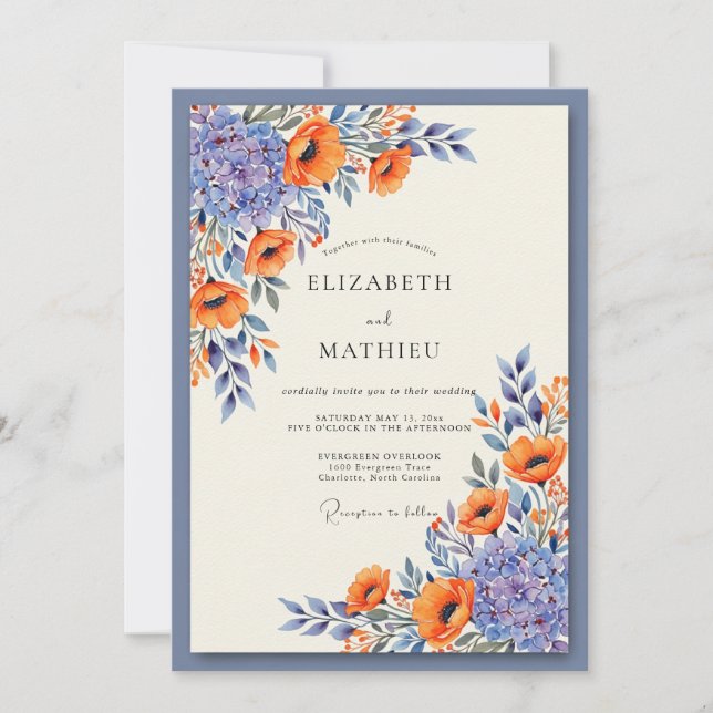 Slate Blue Vibrant Poppy Wedding Invitation (Front)