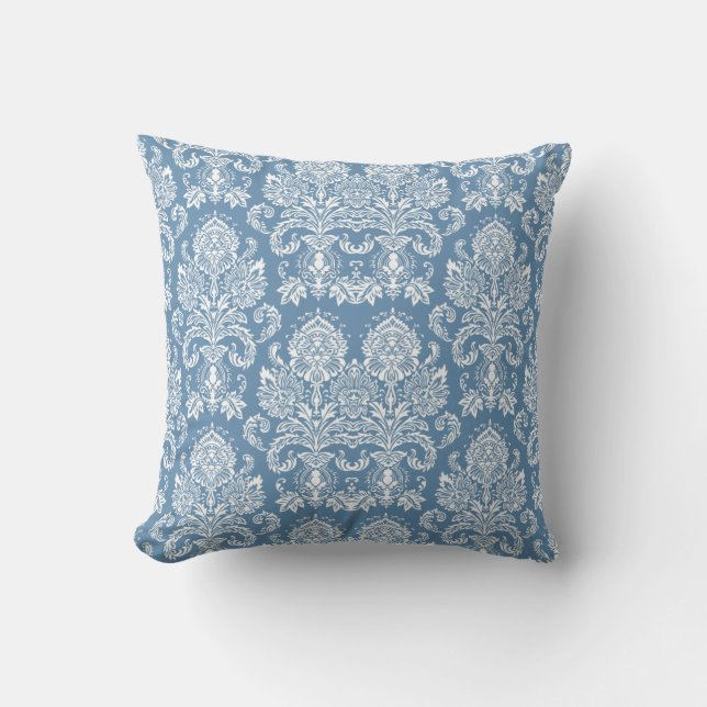 Slate Blue Victorian Damask Throw Pillow (Front)