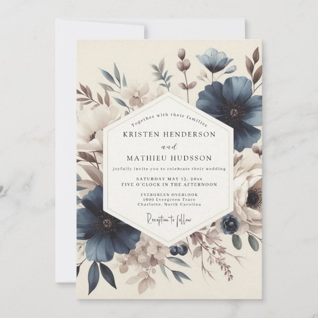 Slate Blue Vintage Bloom Wedding Invitation (Front)