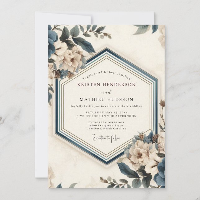 Slate Blue Vintage Bloom Wedding Invitation (Front)