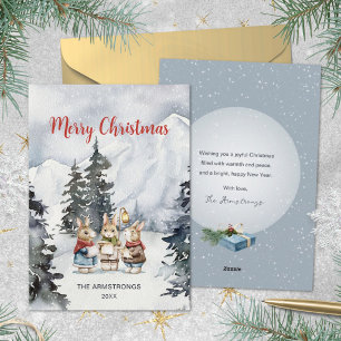 Slate Blue Watercolor Bunny Carolers Christmas Holiday Card