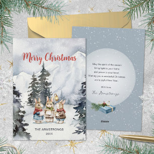 Slate Blue Watercolor Bunny Carolers Christmas Holiday Card