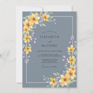Slate Blue Watercolor Floral Wedding Invitation