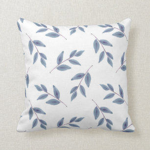 Slate Blue Watercolor Leaves Pattern Throw Pillow