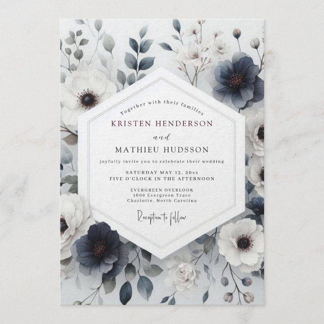 Slate Blue Whimsical Flora Wedding Invitation (Front)