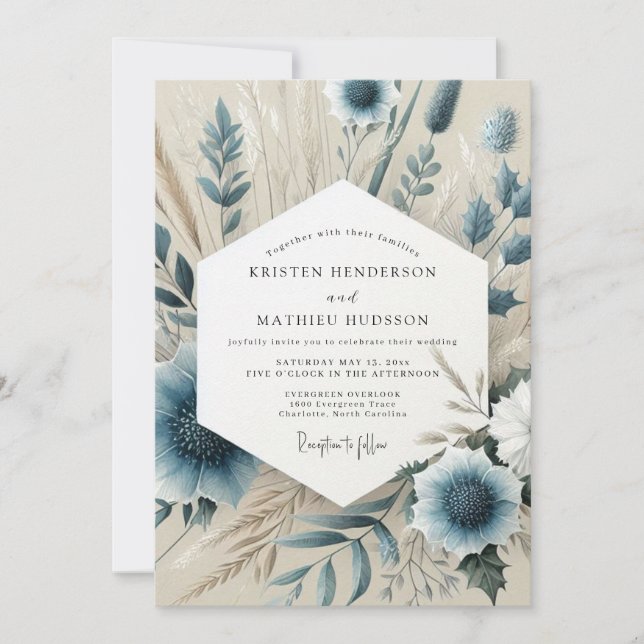 Slate Blue Whispering Bloom Wedding Invitation (Front)