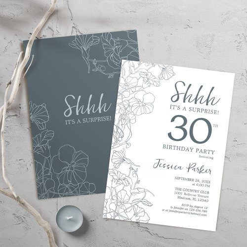 Slate Blue White Botanical Surprise 30th Birthday Invitation