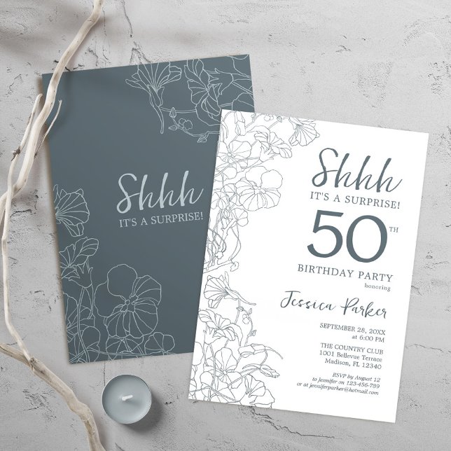 Slate Blue White Botanical Surprise 50th Birthday Invitation (Creator Uploaded)