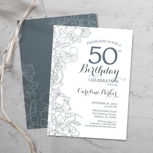 Slate Blue White Floral 50th Birthday Party Invitation