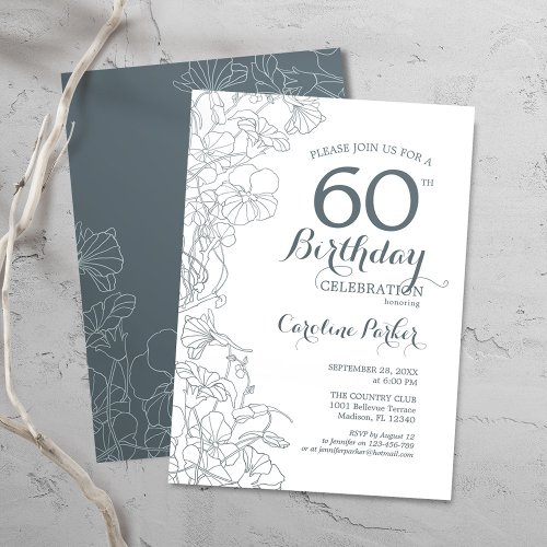 Slate Blue White Floral 60th Birthday Party Invitation