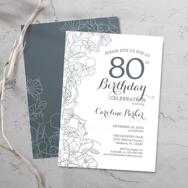 Slate Blue White Floral 80th Birthday Party Invitation (Creator Uploaded)