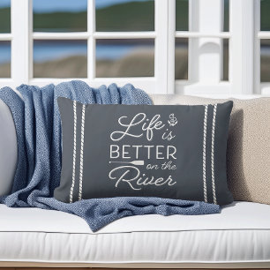 Slate Blue & White Life Is Better On The River Lumbar Pillow