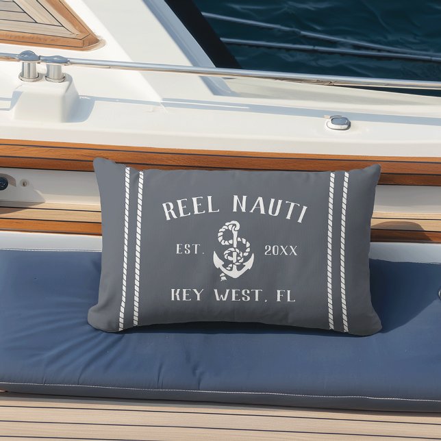 Slate Blue & White Personalized Boat Name Anchor Lumbar Pillow (Creator Uploaded)