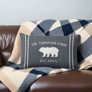 Slate Blue & White Rustic Bear Personalized Lumbar Pillow