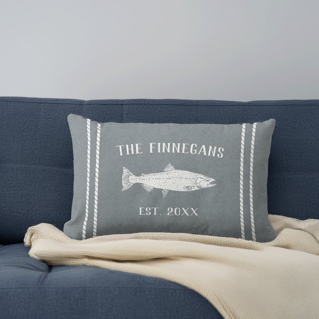 Slate Blue & White Rustic Fish Personalized Lumbar Pillow (Creator Uploaded)