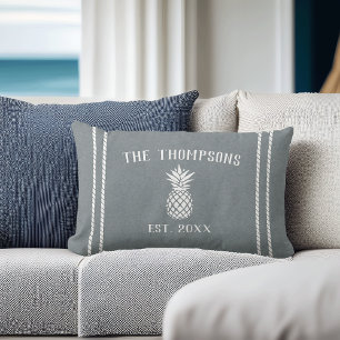 Slate Blue & White Rustic Pineapple Personalized Lumbar Pillow