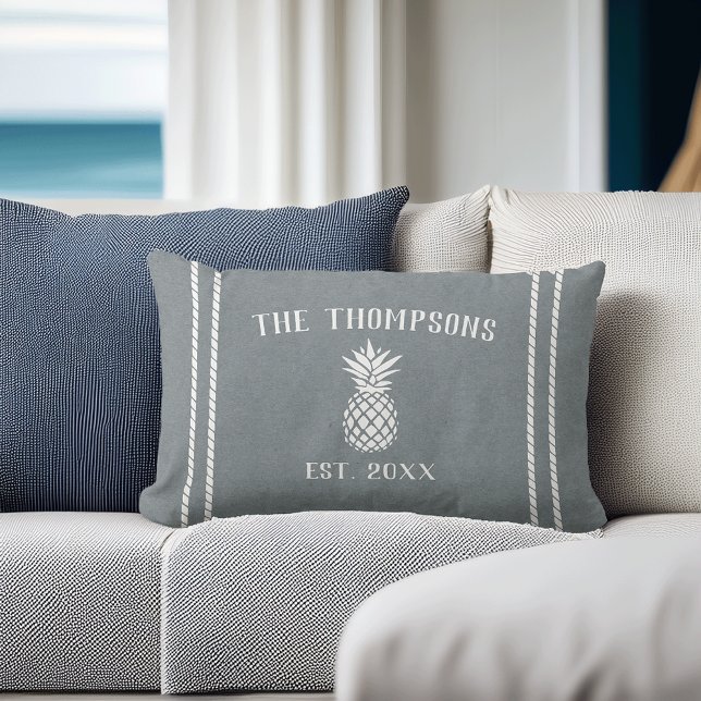 Slate Blue & White Rustic Pineapple Personalized Lumbar Pillow (Creator Uploaded)