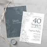 Slate Blue White Surprise 40th Birthday Party Invitation<br><div class="desc">Slate Blue White Surprise 40th Birthday Party Invitation. Minimalist modern design featuring botanical accents and typography script font. Floral invite card perfect for a stylish female surprise bday celebration. Can be customized to any age.</div>