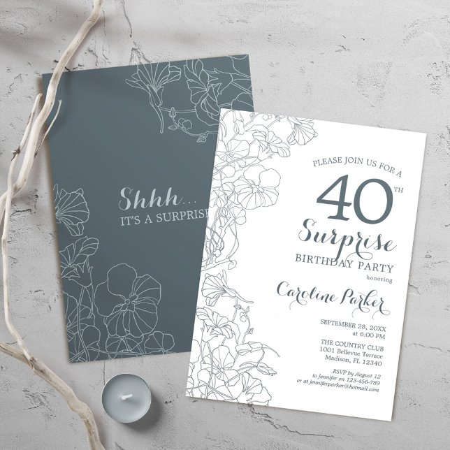 Slate Blue White Surprise 40th Birthday Party Invitation (Creator Uploaded)