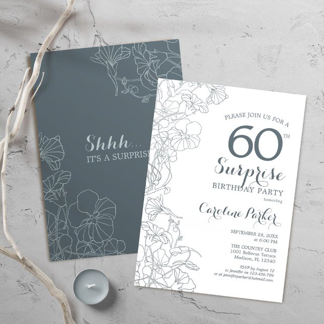 Slate Blue White Surprise 60th Birthday Party Invitation (Creator Uploaded)