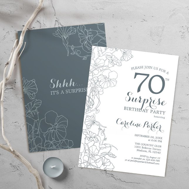 Slate Blue White Surprise 70th Birthday Party Invitation (Creator Uploaded)
