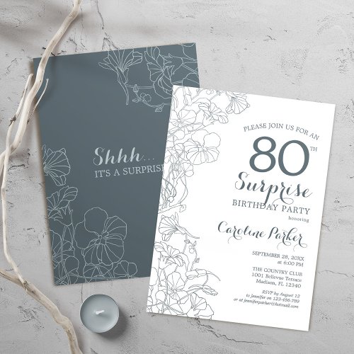 Slate Blue White Surprise 80th Birthday Party Invitation