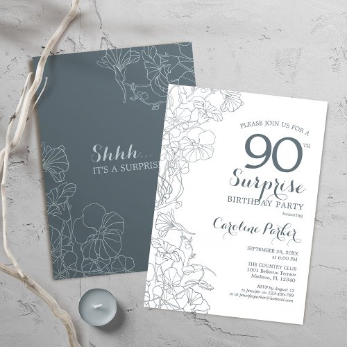 Slate Blue White Surprise 90th Birthday Party Invitation