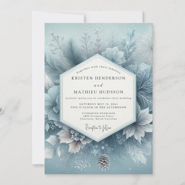 Slate Blue Winter Bloom Wedding Invitation (Front)