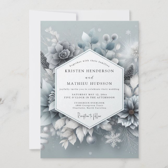 Slate Blue Wintertide Bloom Wedding Invitation (Front)