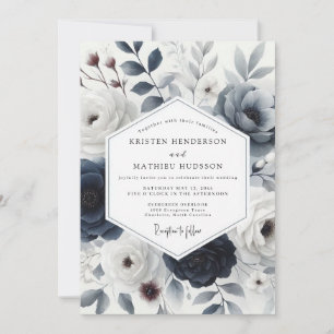 Slate Blue Wintry Floral Wedding Invitation