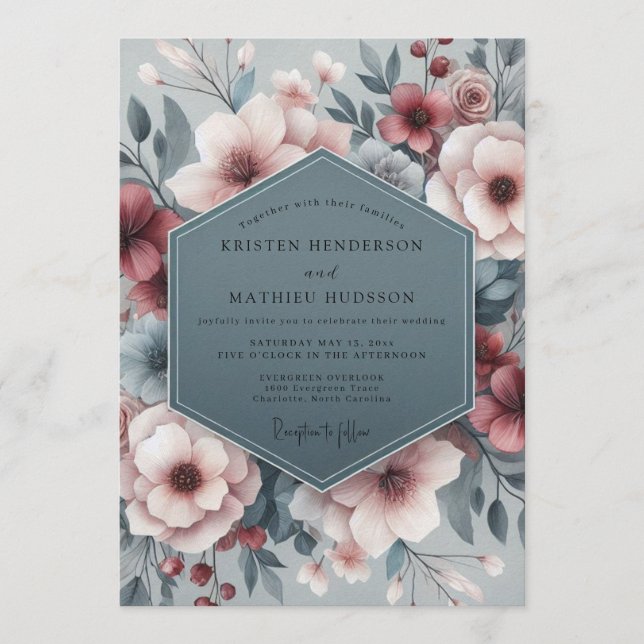 Slate Blush Pastoral Bloom Wedding Invitation (Front)