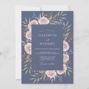 Slate Blush Pink Wreath Wedding Invitation