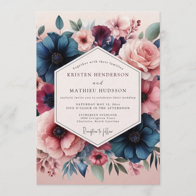 Slate Blush Romantic Bloom Wedding Invitation (Front)