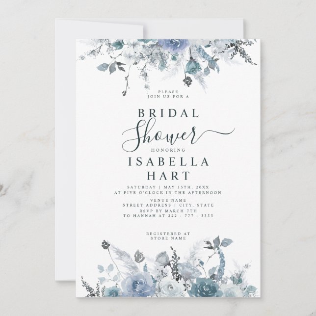 Slate Boho Dusty Blue Floral Pastel Bridal Shower Invitation (Front)