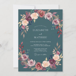 Slate Burgundy Bloom Wedding Invitation