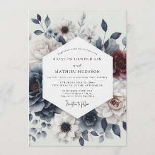 Slate Burgundy Moody Bloom Wedding Invitation