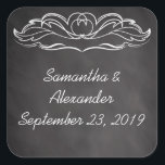 Slate Chalkboard Wedding Square Sticker<br><div class="desc">Slate chalkboard-look wedding matching set features dark charcoal gray background with slate blackboard effect,  a winged heart motif,  and white chalk handwritten drawing look writing in the foreground.  Decorative swirl motif adds a touch of casual elegance.   All Designs Copyright ©  www.CustomInvitesOnline.com</div>