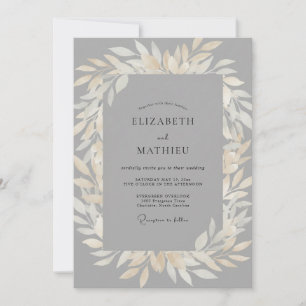 Slate Champagne Leaf Wedding Invitation