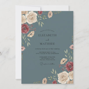 Slate Champagne Zinnia Eucalyptus Wedding Invitation