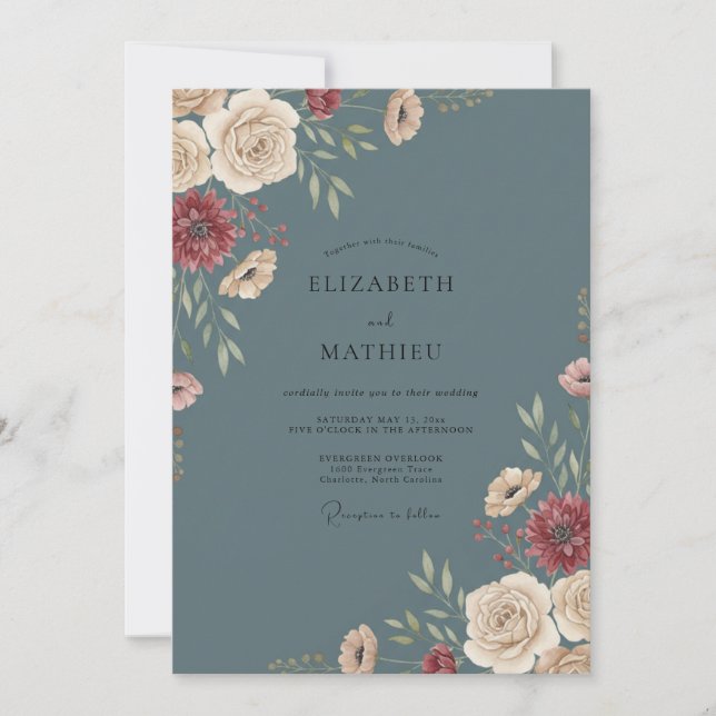 Slate Champagne Zinnia Eucalyptus Wedding Invitation (Front)
