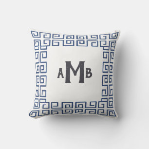 Slate Chinoiserie Wide Greek Key Border Monogram Throw Pillow