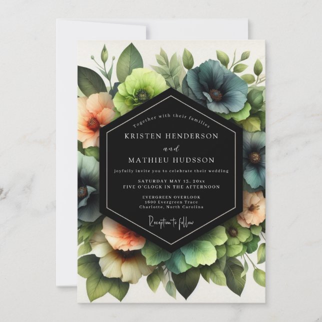 Slate Coral Artistic Bloom Wedding Invitation (Front)
