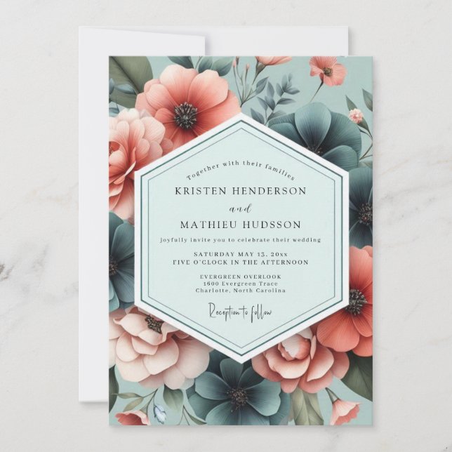 Slate Coral Artistic Flora Wedding Invitation (Front)
