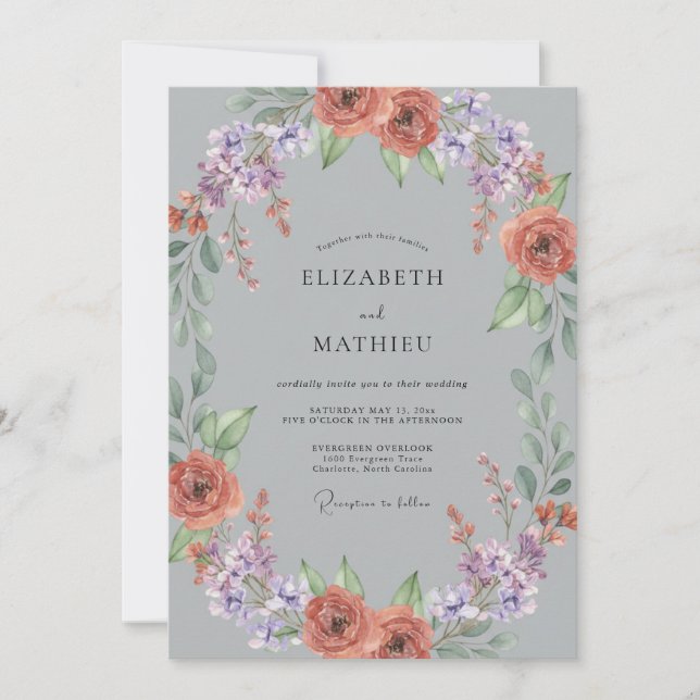 Slate Coral Lilac Wreath Wedding Invitation (Front)