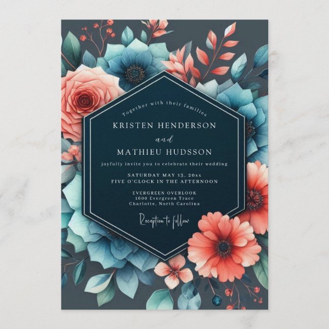 Slate & Coral Moody Bloom Wedding Invitation (Front)