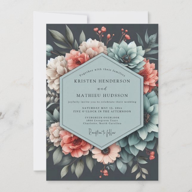 Slate Coral Moody Bloom Wedding Invitation (Front)