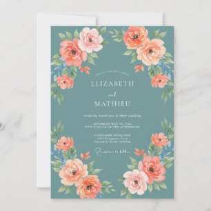 Slate Coral Ranunculus Eucalyptus Wedding Invitation