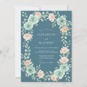 Slate Coral Ranunculus Grey Eucalyptus Wedding Invitation