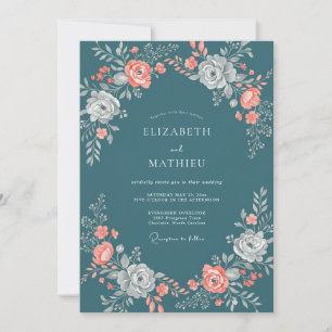 Slate Coral Ranunculus Muted Eucalyptus Wedding Invitation