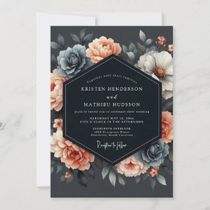 Slate Coral Twilight Flora Wedding Invitation